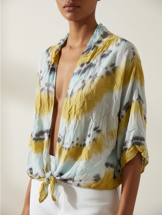 Young Fabulous & Broke Tops - Young Fabulous & Broke Front-Tie Tie-Dye Blouse in Yellow, Light Blue & Gray